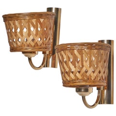 Swedish Designer, Wall Lights, Brass, Rattan, Sweden, 1970s