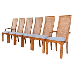 Thomasville Mid-Century Modern Oak and Cane High Back Dining Chairs, Set of Six