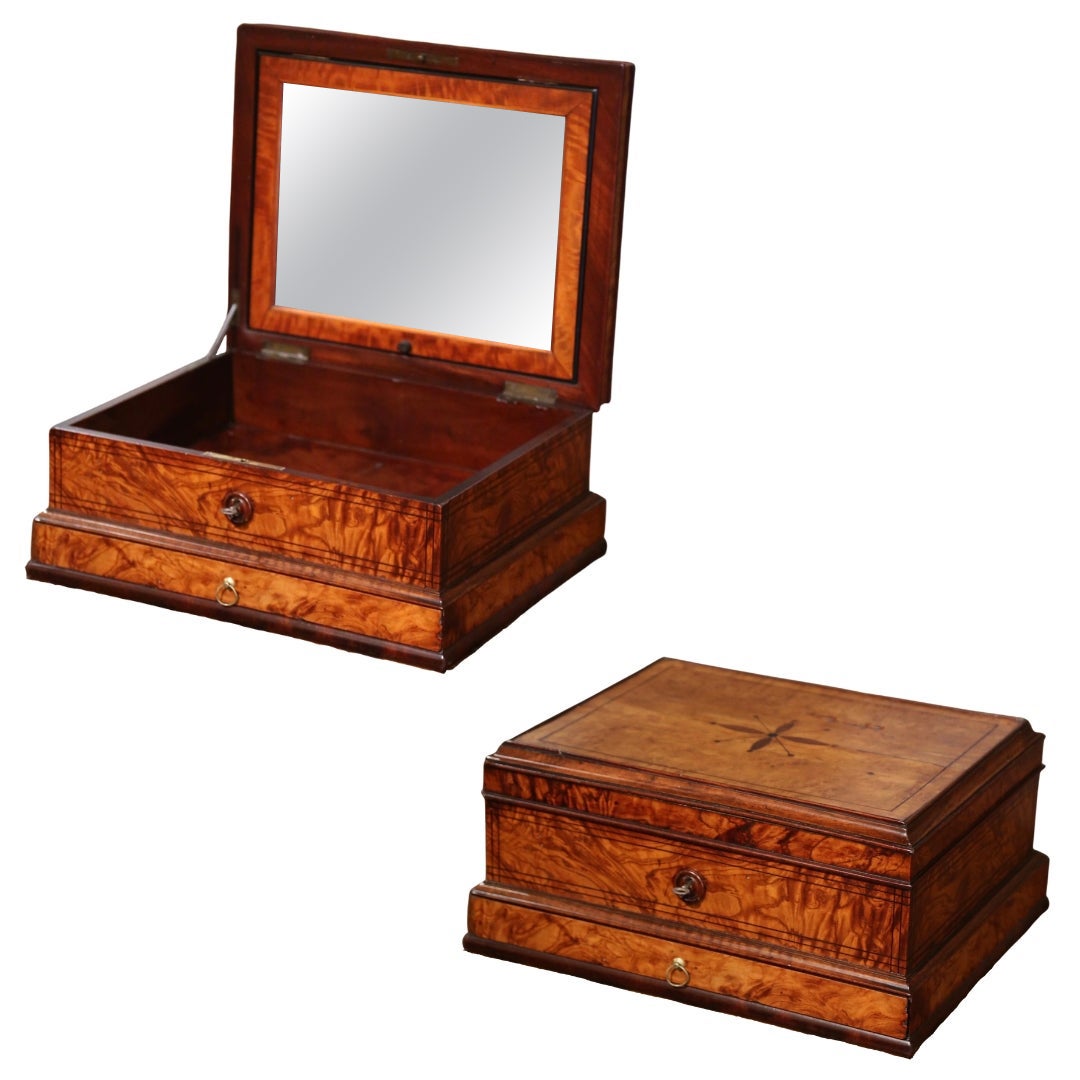 19th Century French Burl Elm Inlaid Jewelry Box with Drawer & Inside Mirror For Sale