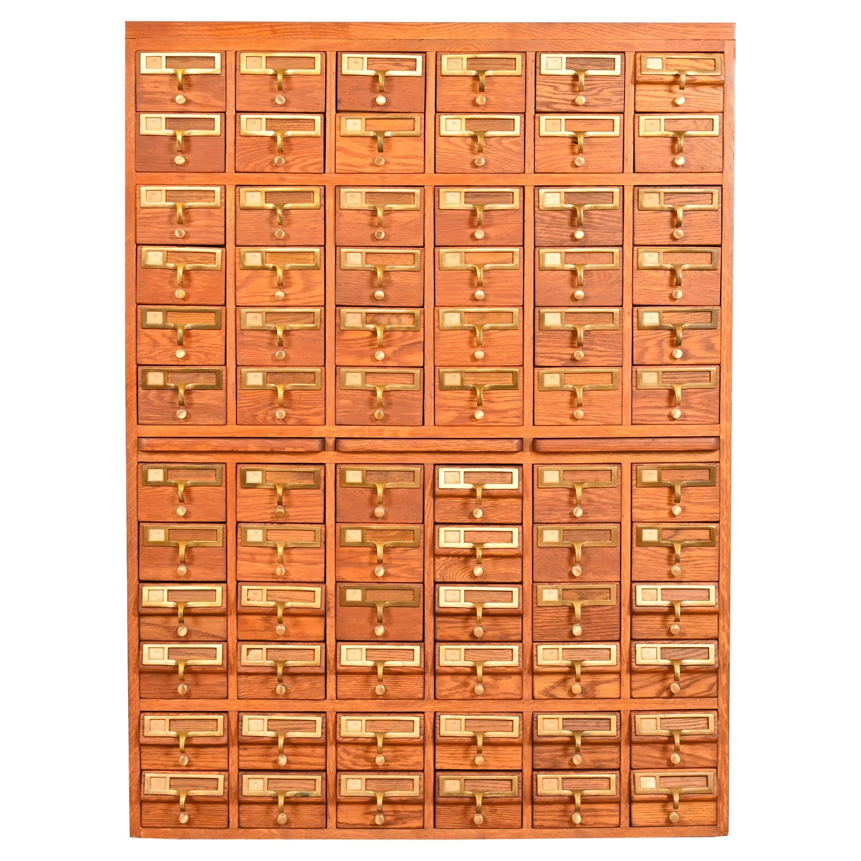 Mid-Century Modern Oak 72-Drawer Library Card Catalog Cabinet, Circa 1950s For Sale