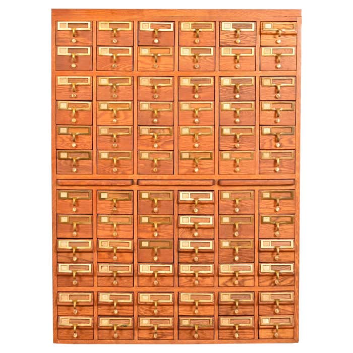 MidCentury Modern Oak 72Drawer Library Card Catalog Circa