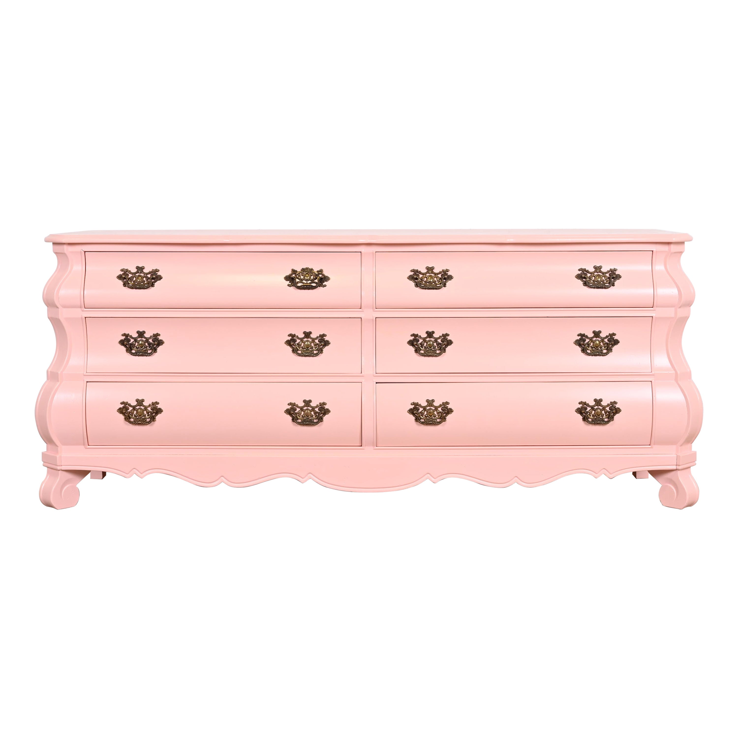 Henredon French Provincial Louis XV Pink Lacquered Bombay Form Double Dresser For Sale