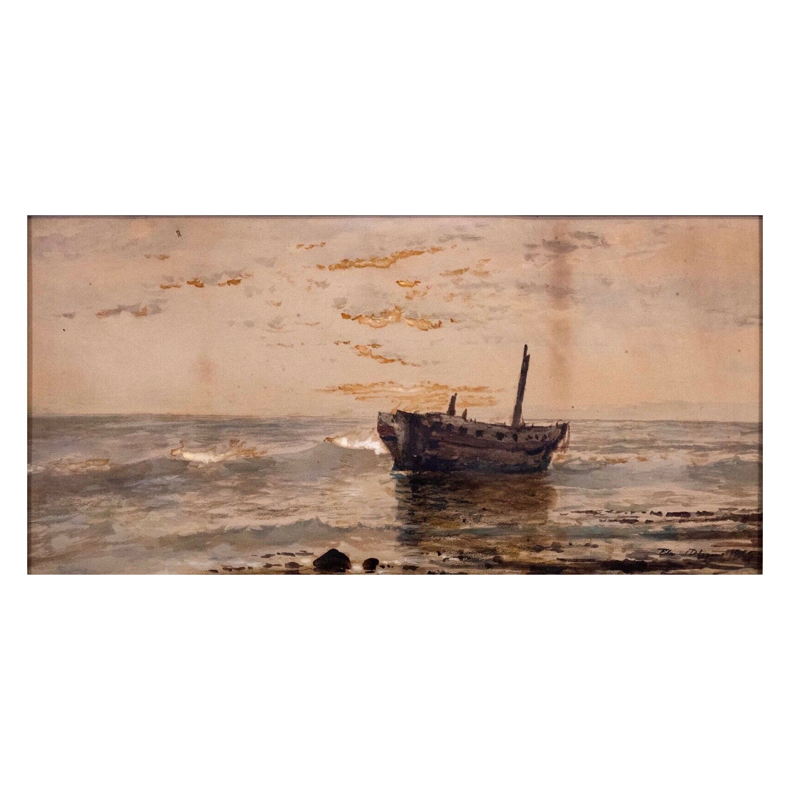 Aquarelle impressionniste ancienne sur papier signée Edmund Darch Lewis « Boat at Sea »