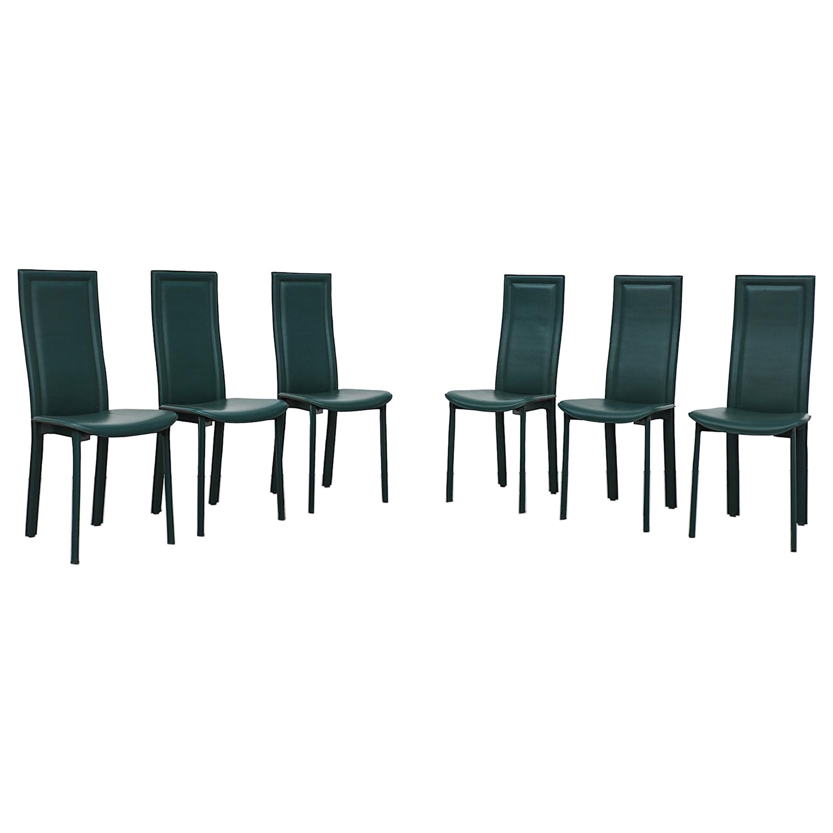 Satz von 6 Cattelan Italia-Stühlen aus grünem Leder mit hoher Rückenlehne