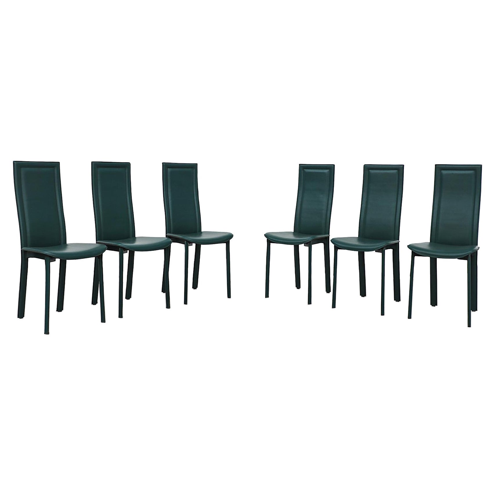 Set of 6 Handsome Green Leather Cattelan Italia High Back Dining Chairs
