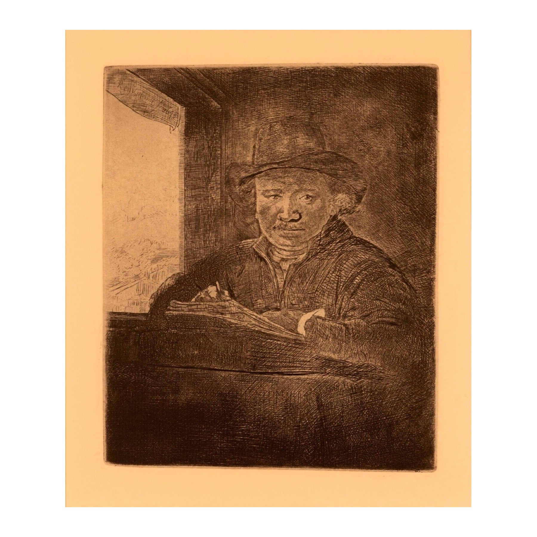 Rembrandt Van Rijn Selbstporträtzeichnung im Fenster 1648, Radierung Millenium Ed.