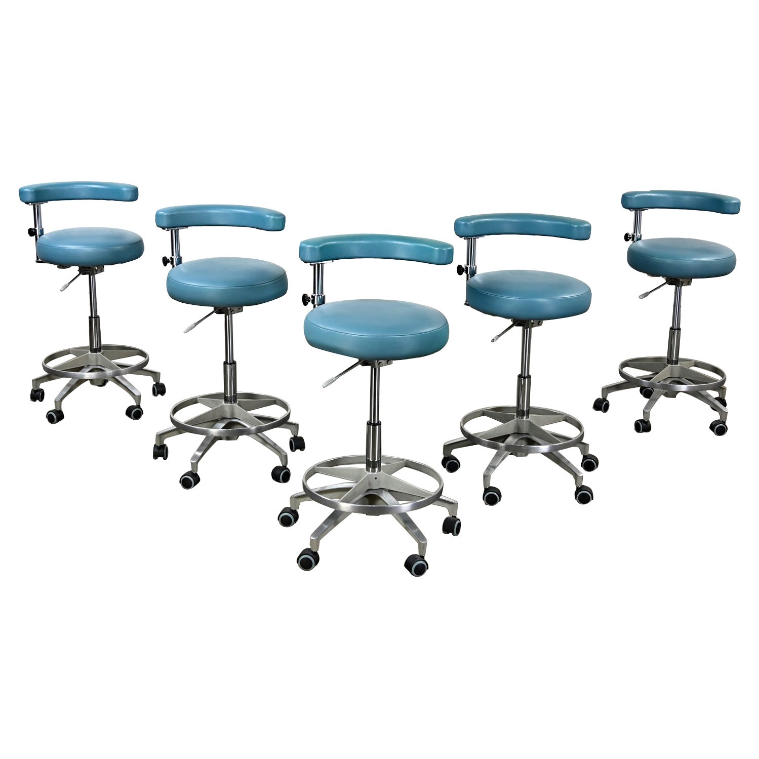 Tabourets de bar industriels de la fin du 20e siècle en acier bleu faux cuir et chrome set 5 en vente