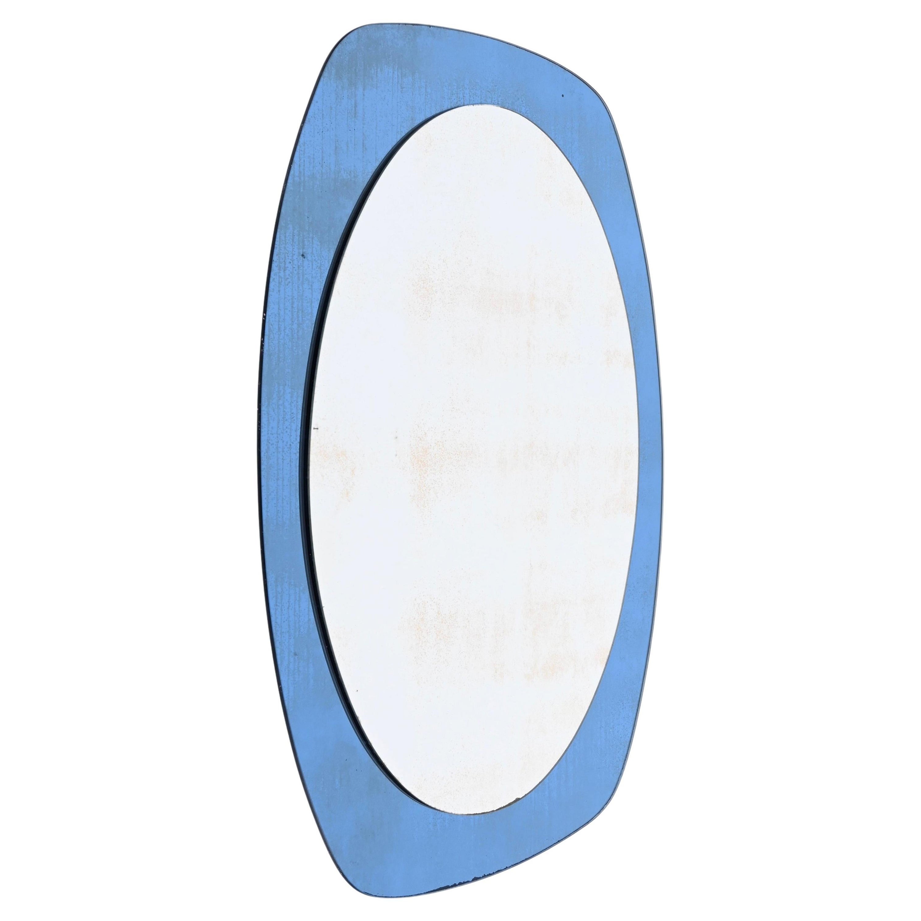 Mid-Century Cristal Art Oval Wall Mirror with Blue Glass Frame, Italy 1960s For Sale