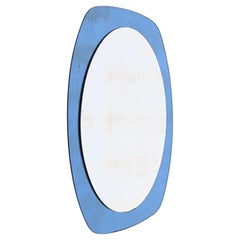 Retro Mid-Century Cristal Art Oval Wall Mirror with Blue Glass Frame, Italy 1960s