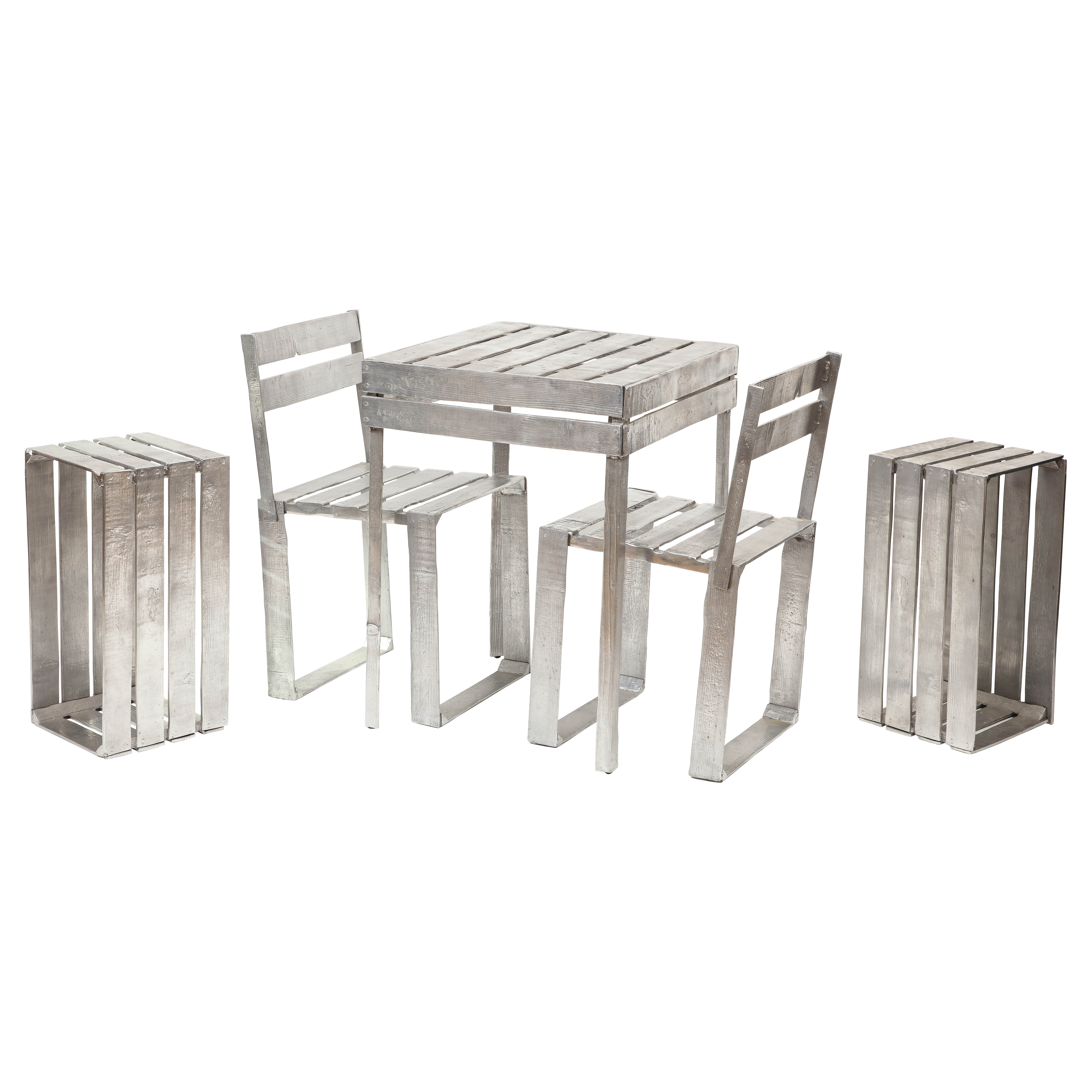Andrea Salvetti Silver Cast Aluminum Chair and Table Set, "Sedia Ortofrutta" For Sale