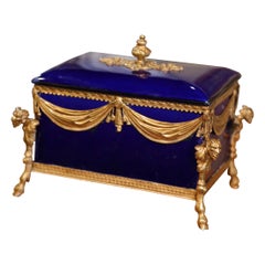 19th Century French Napoleon III Bronze Dore and Cobalt Porcelain Jewelry Box