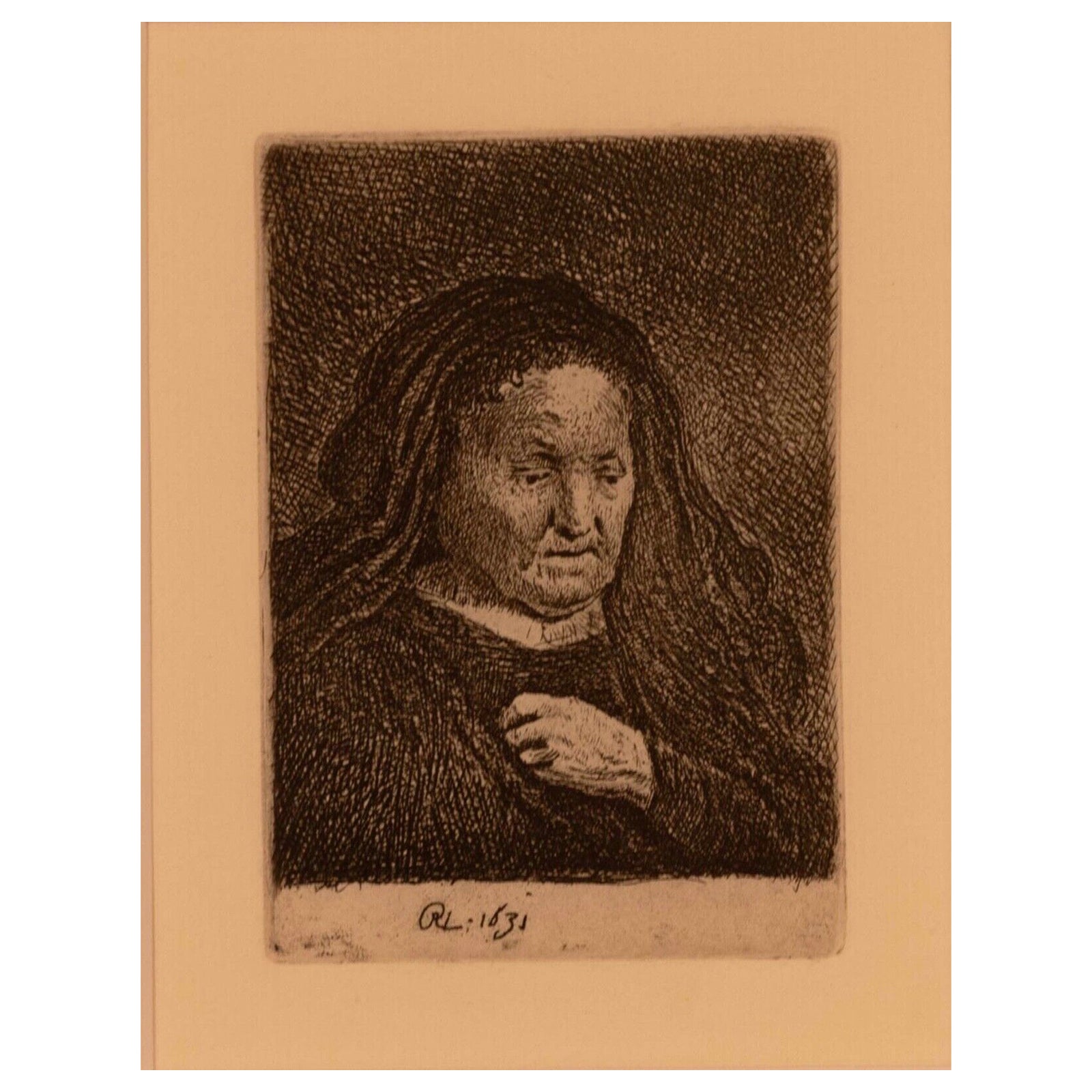Rembrandt van Rijn The Artist's Mother 1631 Radierung Millenium Edition Gerahmt im Angebot