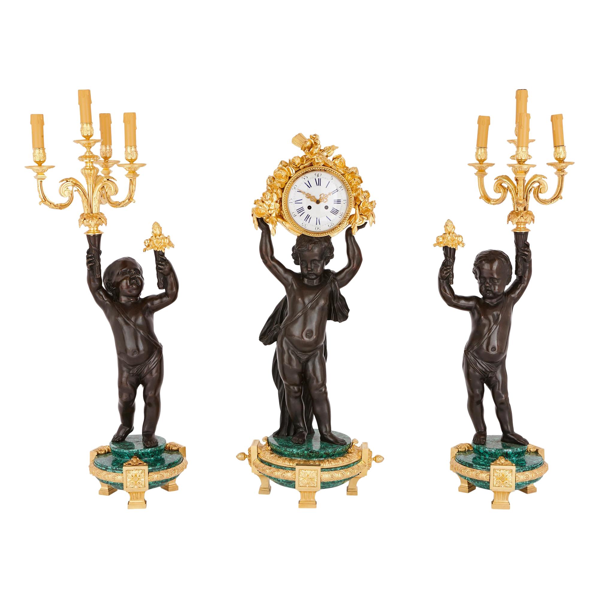 Large Malachite, Gilt and Patinated Bronze Clock Set