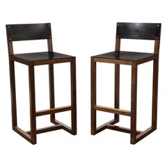 Pair of BDDW Wood & Brown Leather Counter Height Bar Stools
