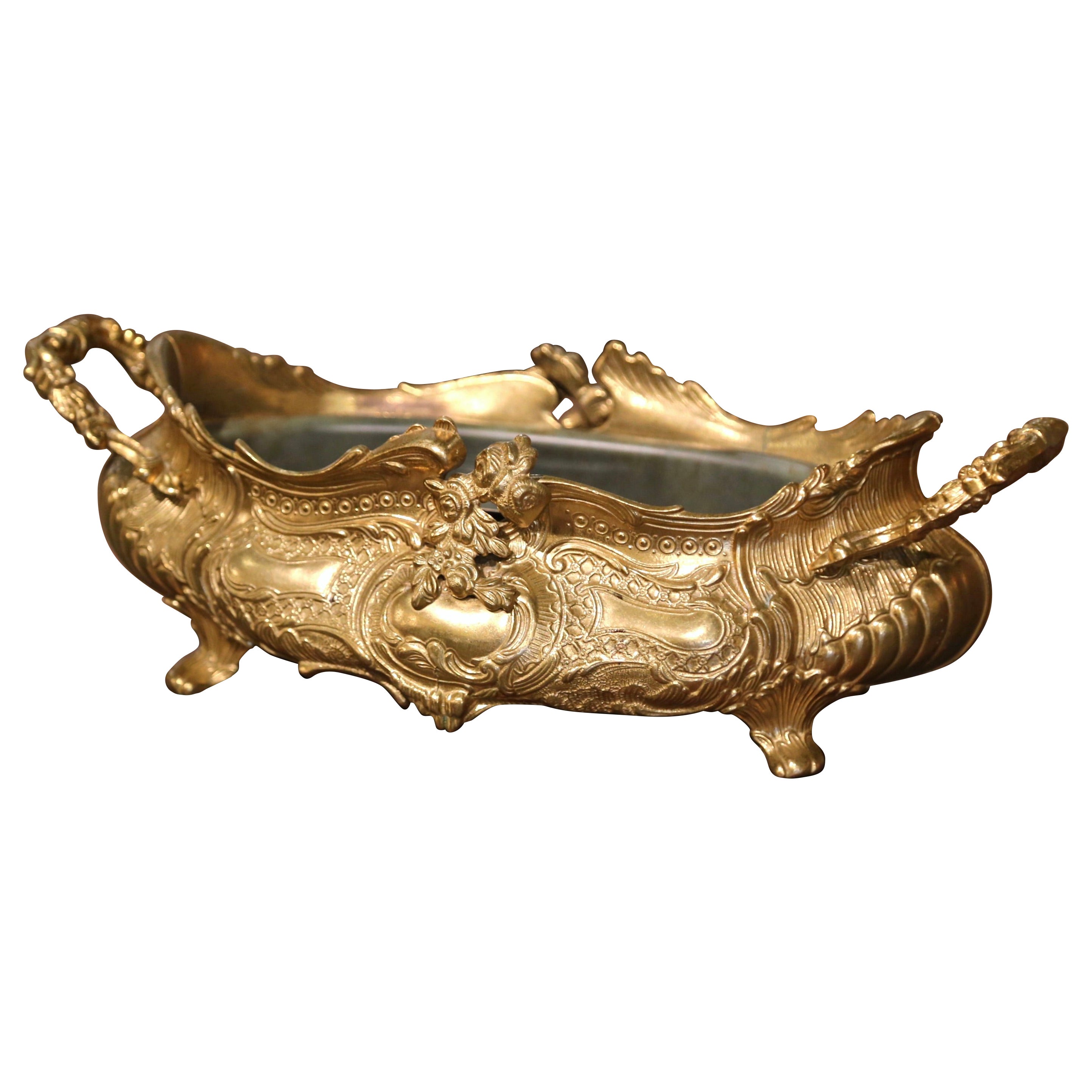 Vintage Louis XV Repousse Bronze Oval Jardinière Center Piece with Zinc Liner For Sale