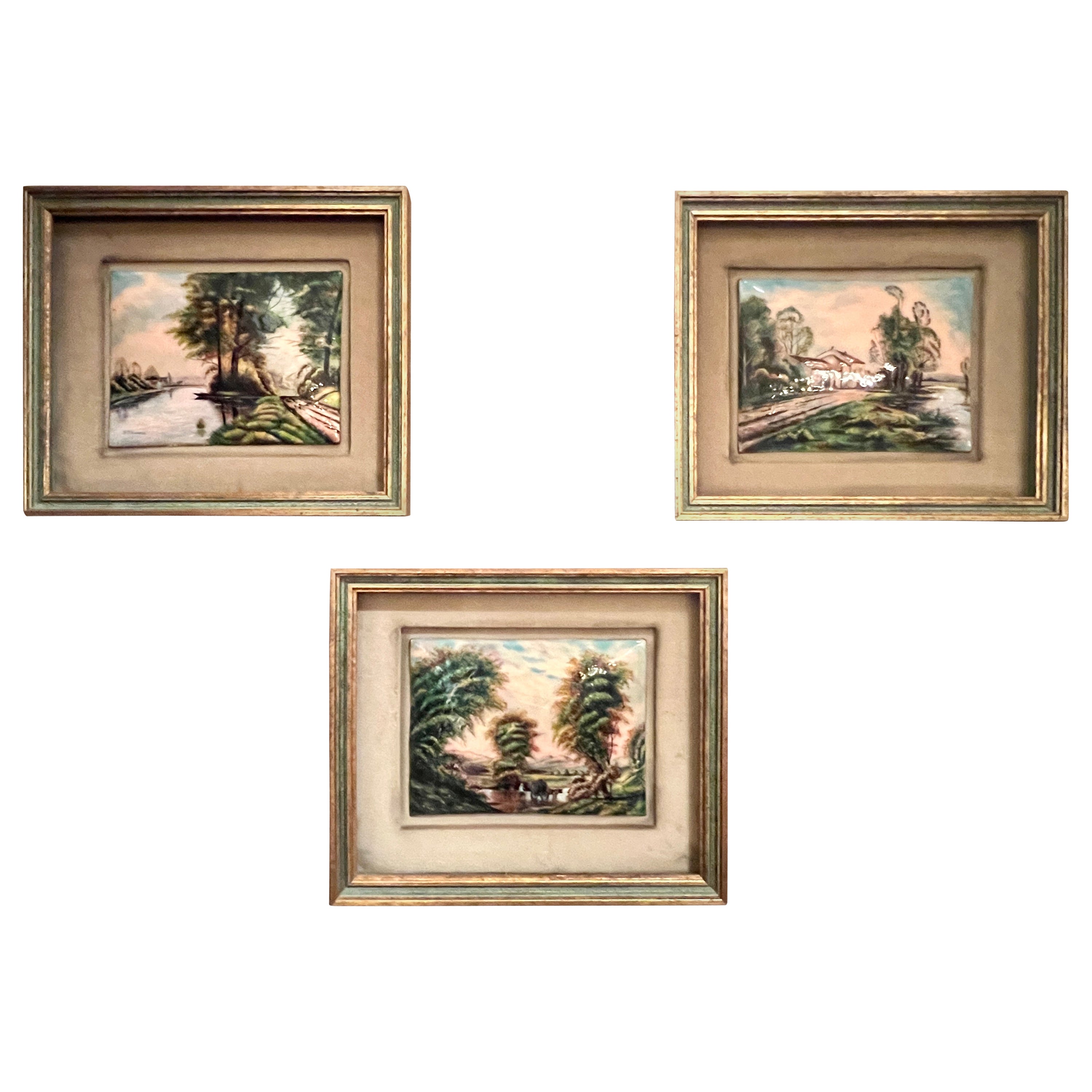 Set of 3 Antique French Limoges Framed Enameled Porcelain Plaques, Circa 1900's. For Sale