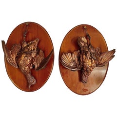Pair Antique French Bronze and Carved Wood Nature Mort Plaques, Circa 1890.