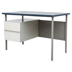 Retro White & Gray A.R Cordemeyer for Gispen 3803 desk with Blue Linoleum Top