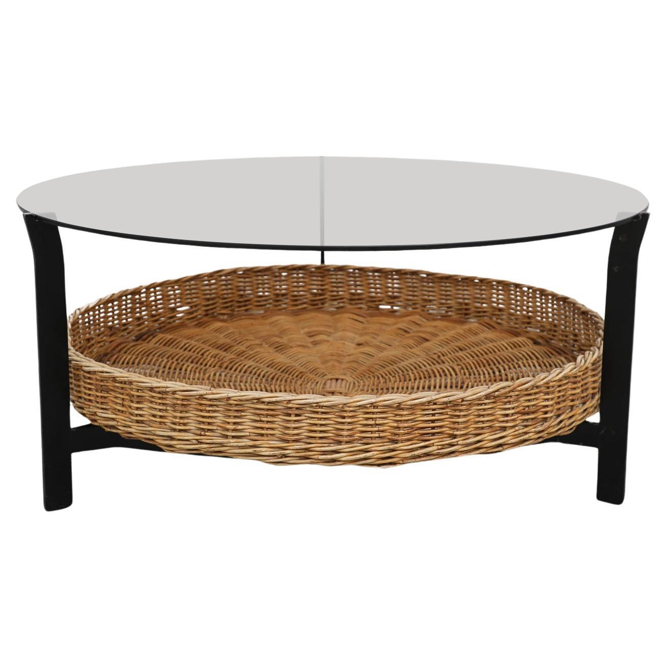Mid-Century Round Modernist Coffee Table with Smoked Glass and Rattan Basket