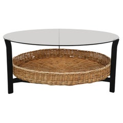 Retro Mid-Century Round Modernist Coffee Table with Smoked Glass and Rattan Basket
