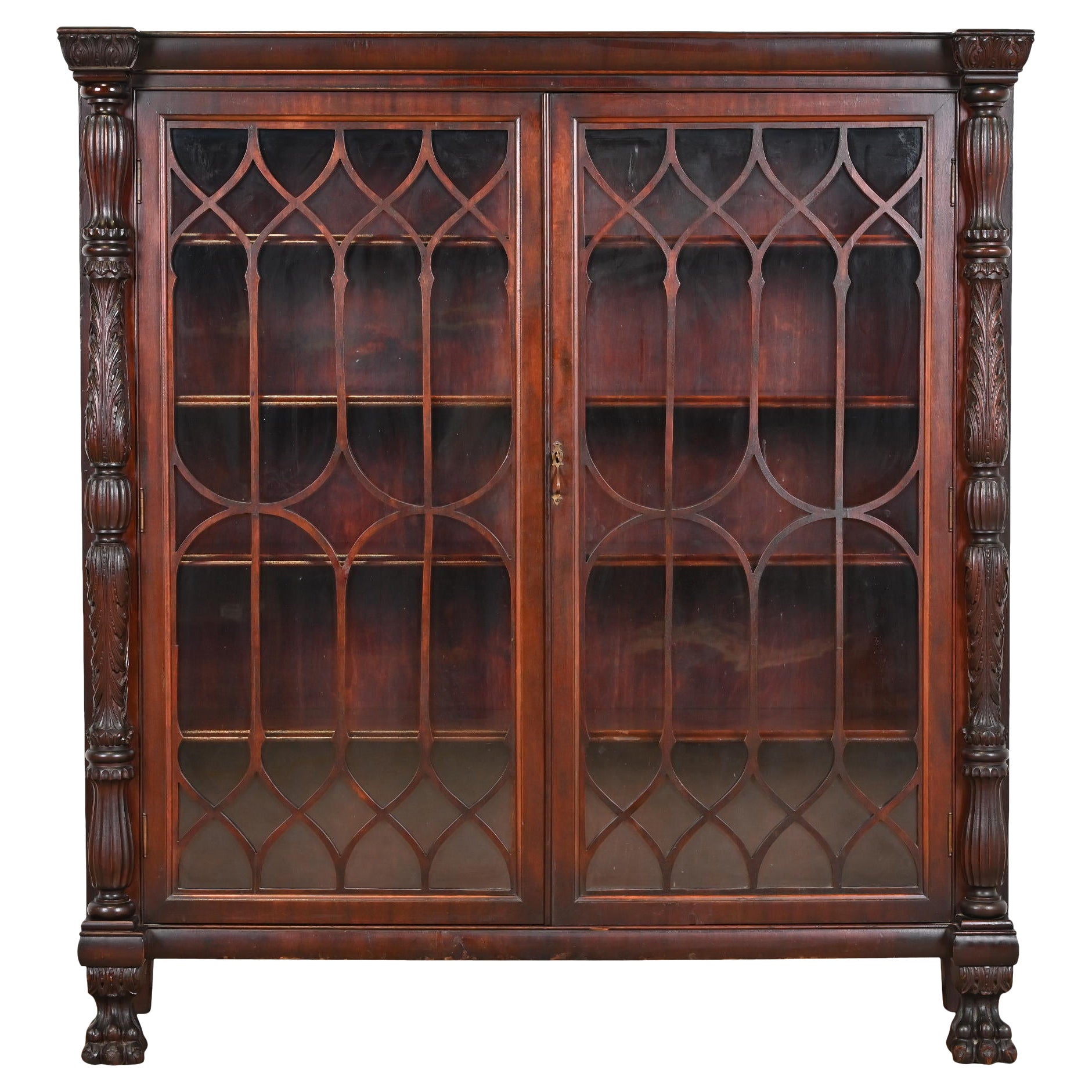 Antique American Empire Carved Mahogany Bookcase in the Manner of R.J. Horner