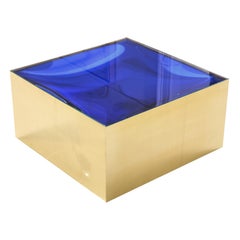 Square Brass Cocktail Coffee Table with Cobalt Blue Optical Glass Insert, Italy