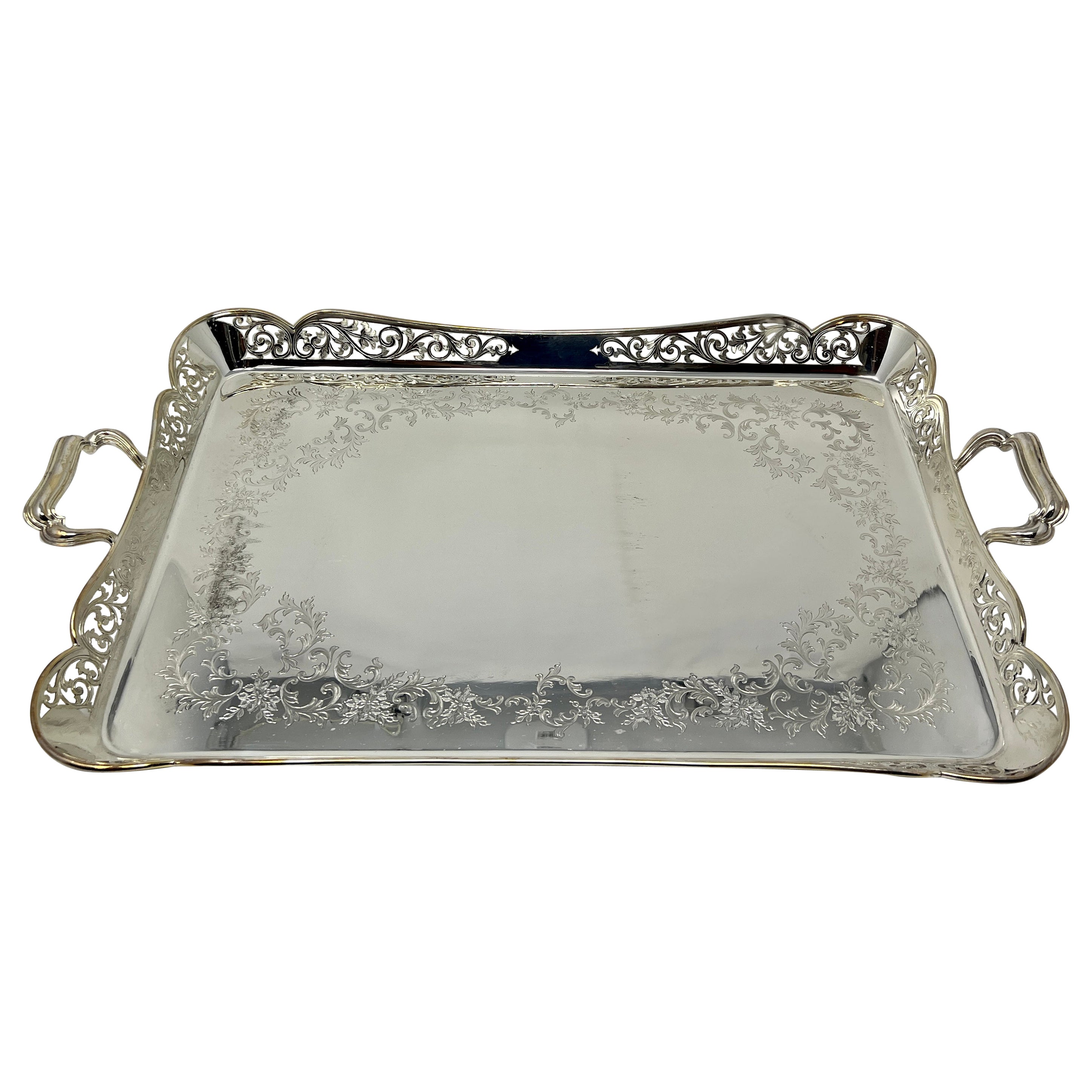Antique English Silver Plate Galleried Tray, Circa 1890.