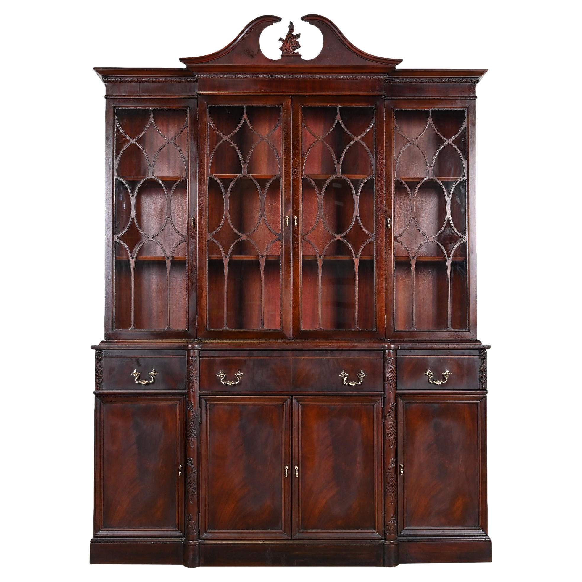 Georgian Carved Flame Mahogany Breakfront Bookcase Cabinet With Secretary Desk For Sale