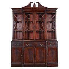 Used Georgian Carved Flame Mahogany Breakfront Bookcase Cabinet With Secretary Desk