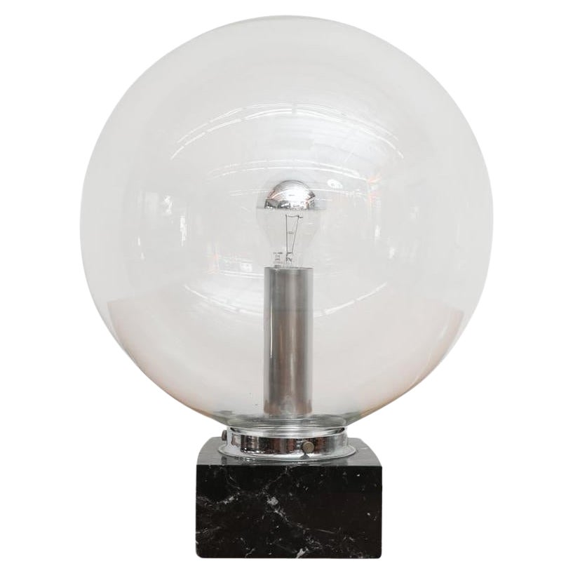 Large Glass Globe Lamp with Black Marble Cube Base, Model 3480, 1970’s For Sale