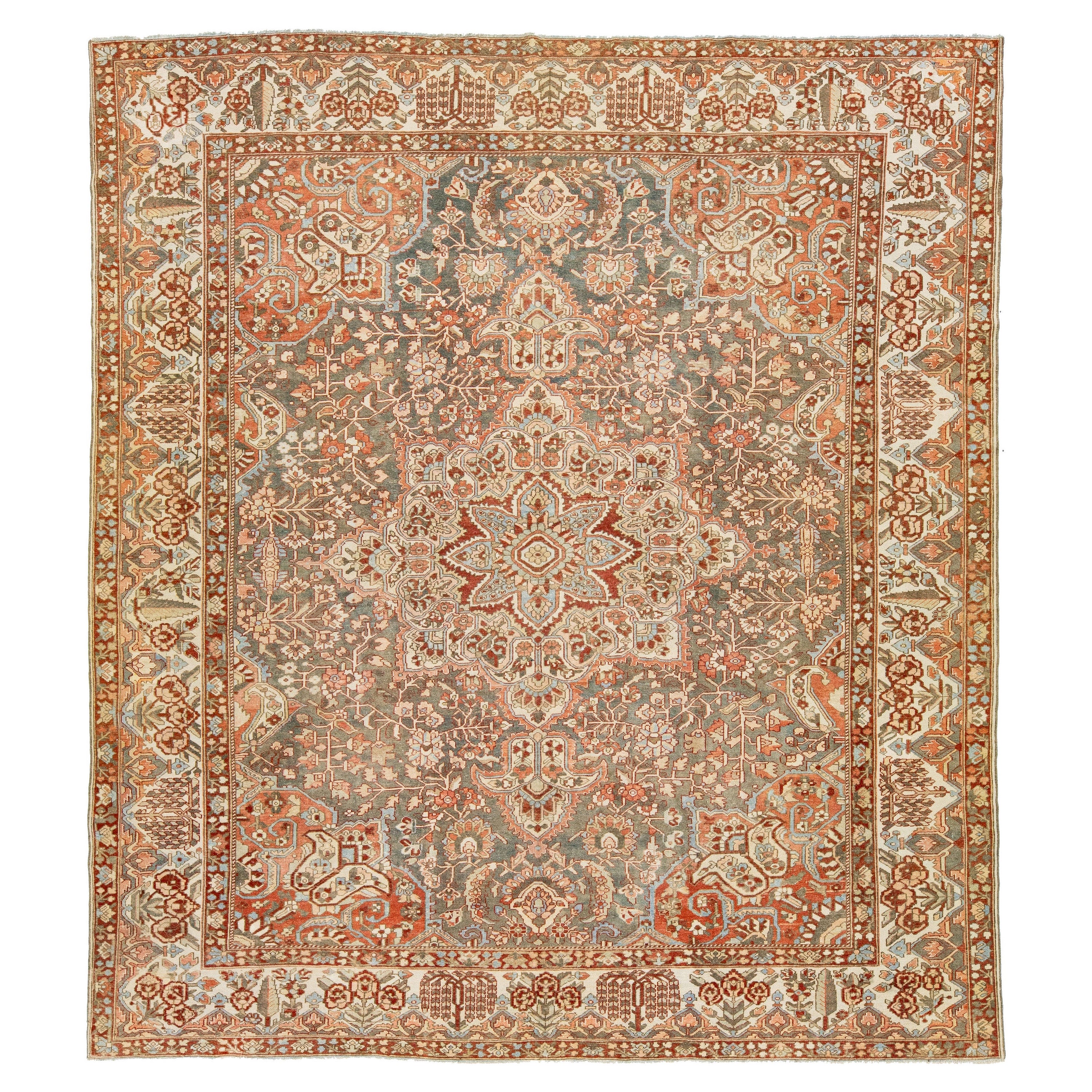 Peach Persian Medallion Bakhtiari Wool Rug was handcrafted in the 1920s For Sale