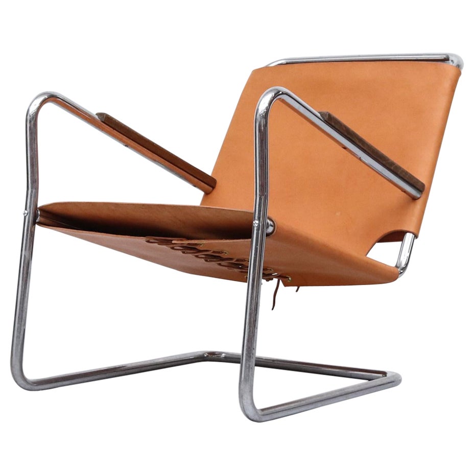 1930s Bas Van Pelt Leather and Chrome Tubular Lounge Chair with Wood Armrests