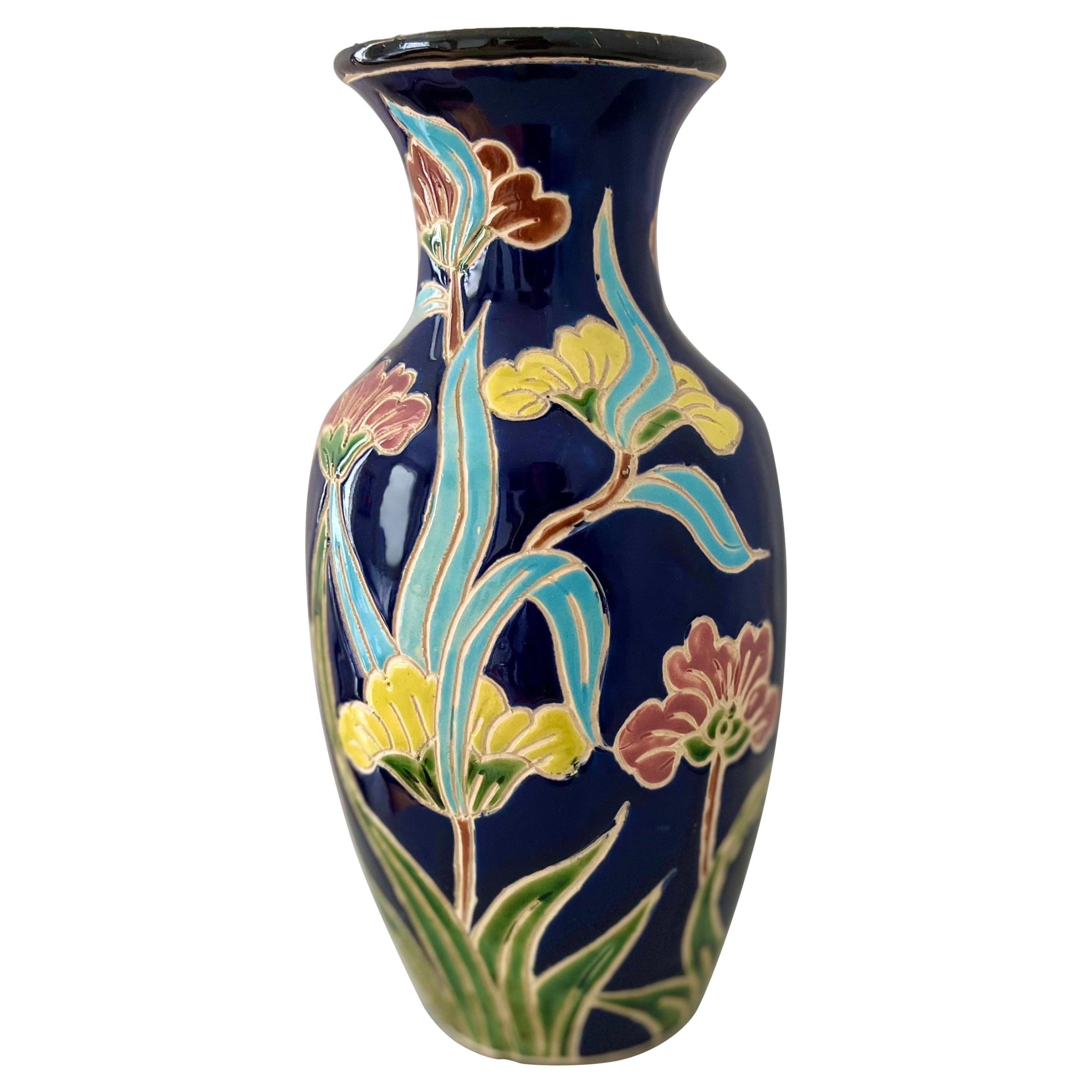 1960s/1970s Scandinavian Organic Modern Ceramic Vase with Colorful Floral Motifs For Sale