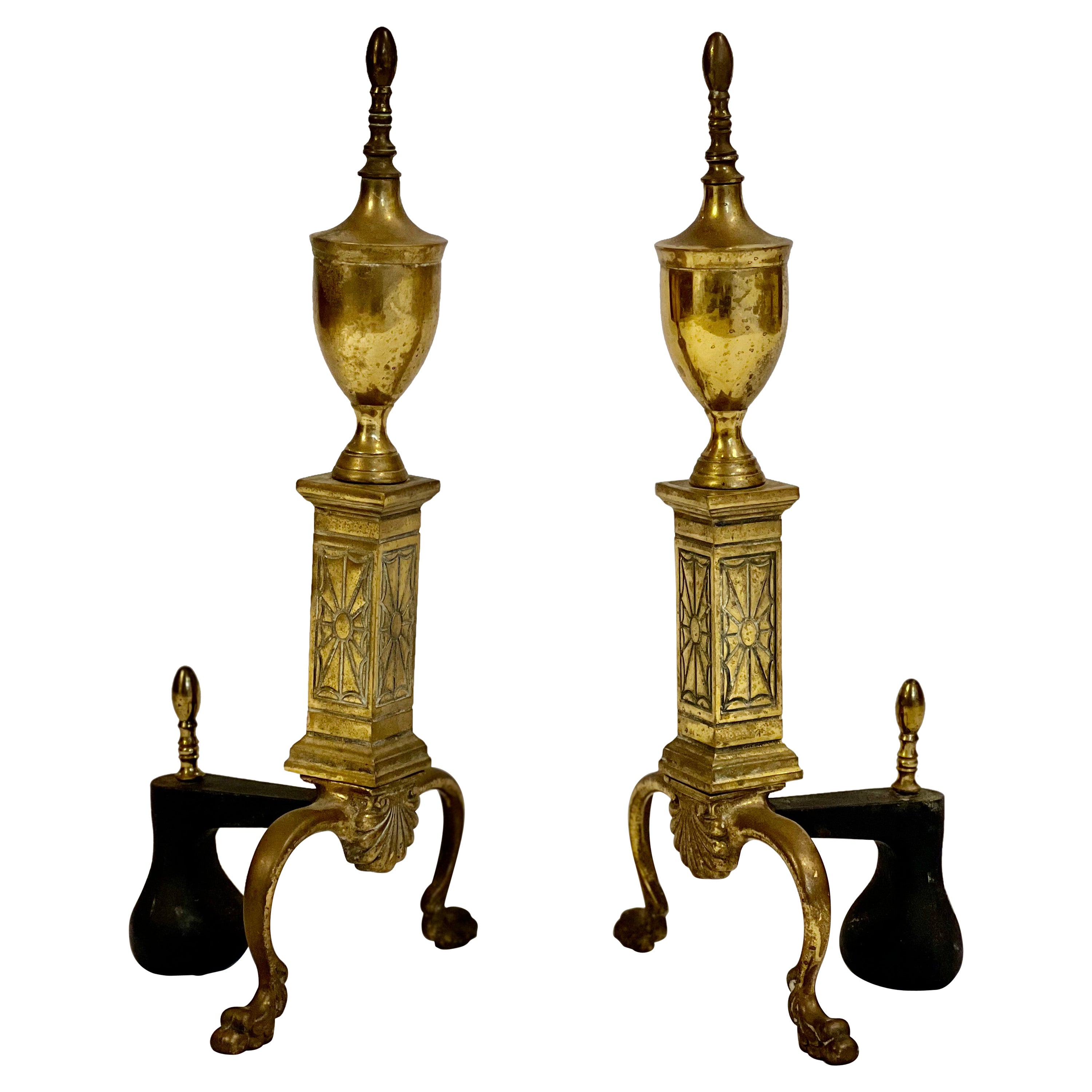 Antique Brass Fireplace Andirons by Bennett For Sale