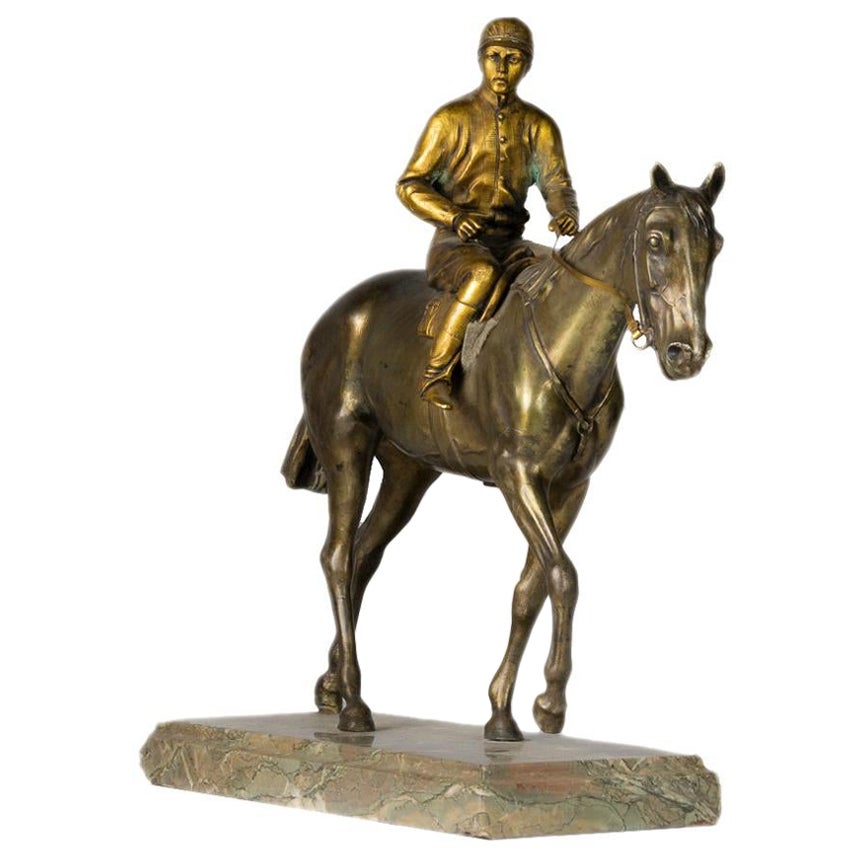 Gilt and Patinated Bronze Jockey on A Horse, 19th Century For Sale