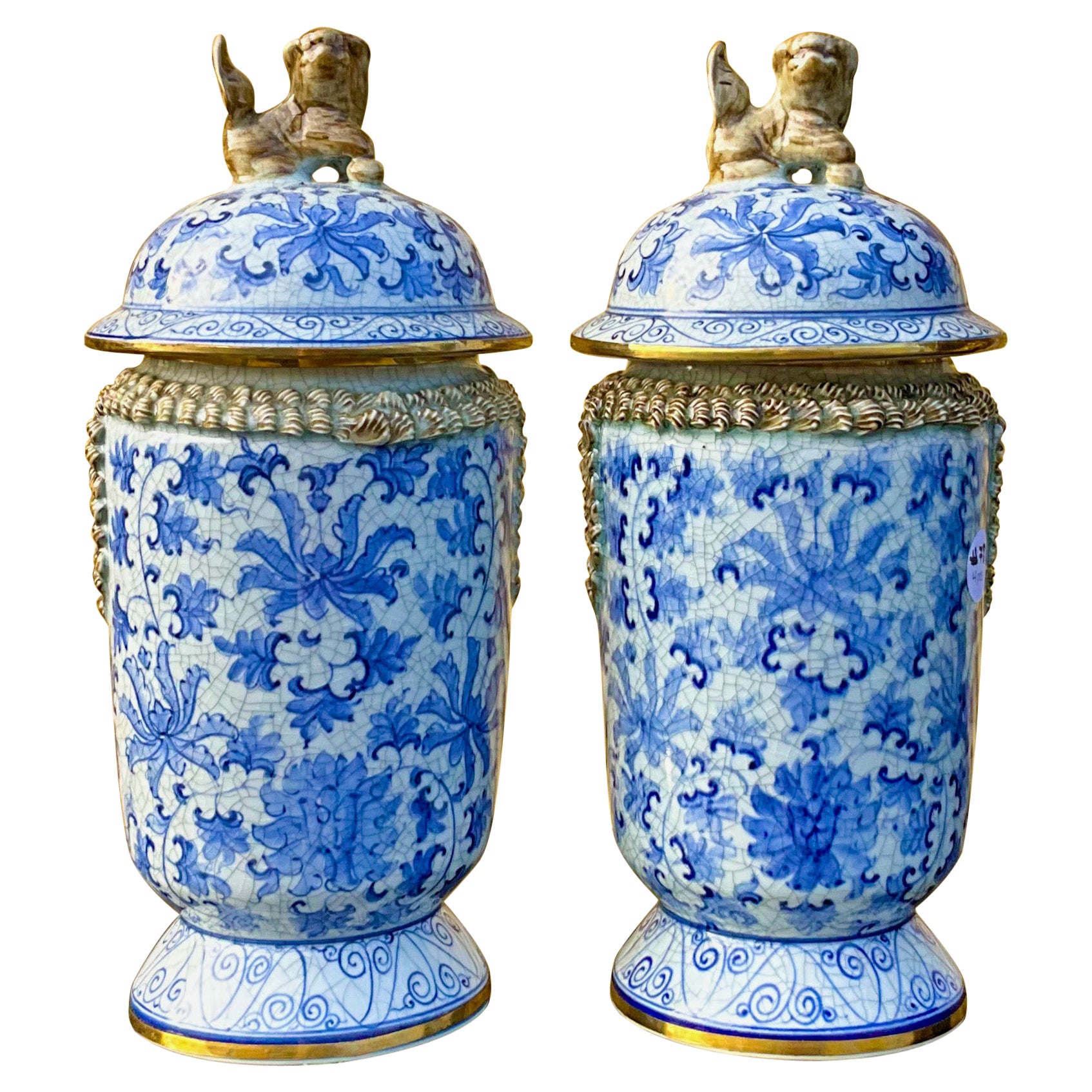 Chinese Export Style Maitland-Smith Blue & White Ginger Jars W/ Foo Dogs - Pair For Sale