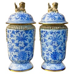 Chinese Export Style Maitland-Smith Blue & White Ginger Jars W/ Foo Dogs - Pair