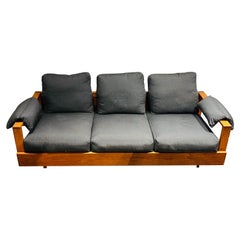 Vintage Custom Designed One of a Kind Wood Frame Three Seat Sofa Grey Upholstery