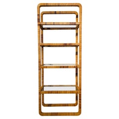 Bielecky Style Vintage Four Shelf Wrapped Rattan Etagere with Glass Shelving