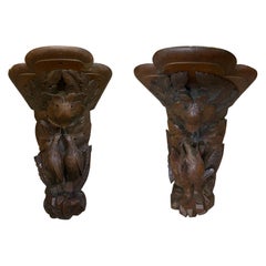 Antique Pair of 19th Century Black Forest Carved Oak Hanging Hunting Trophy Shelves