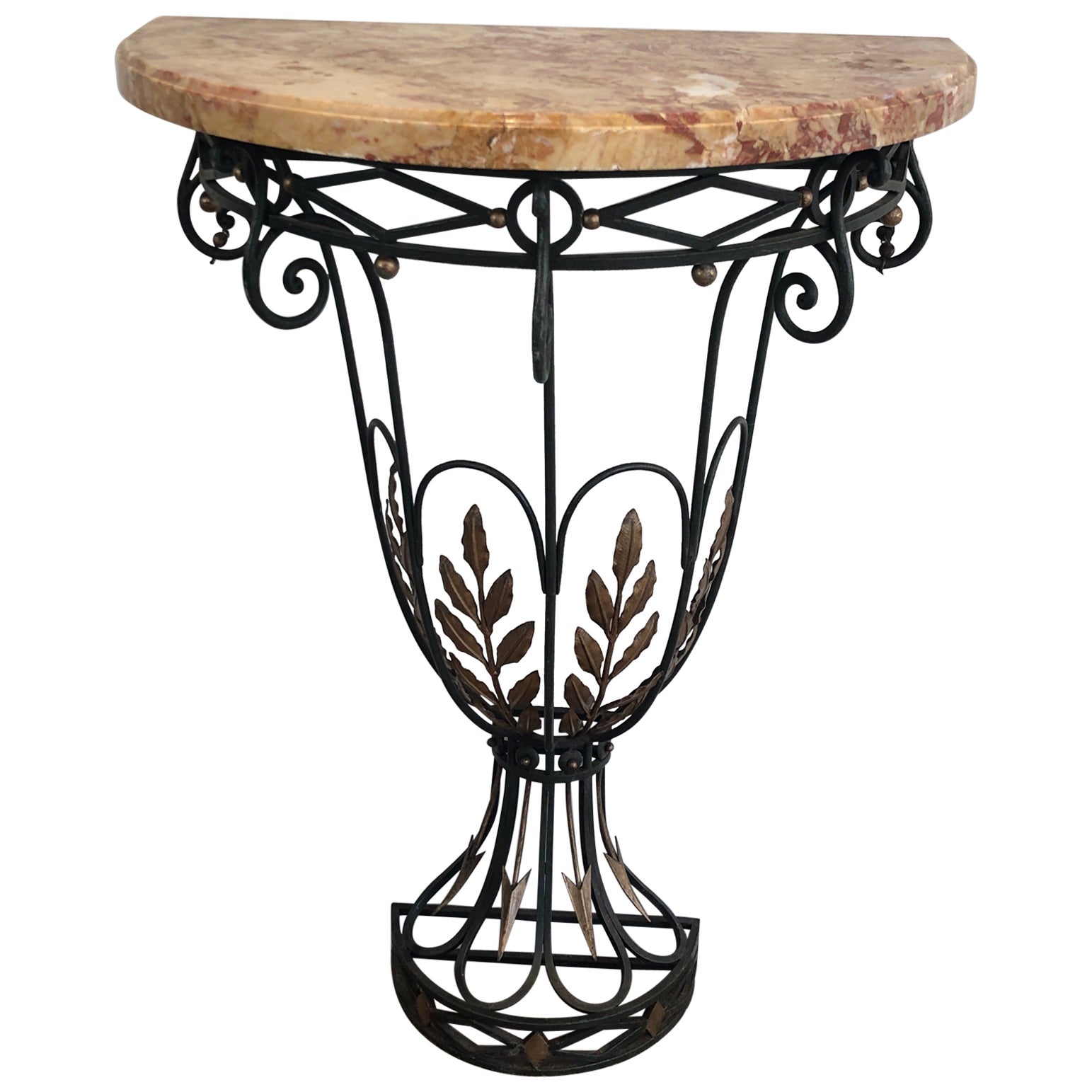 Rare Small Wrought Iron Console with Marble Top. French work. Circa 1940 For Sale