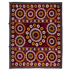 5.3x6 Ft Gorgeous Silk Wall Hanging in Red, Embroidery Throw, 1970s Bedspread