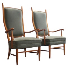 Mid-Century High-Back Birch and Mohair "Country Parson" Chairs by Maxwell Royal
