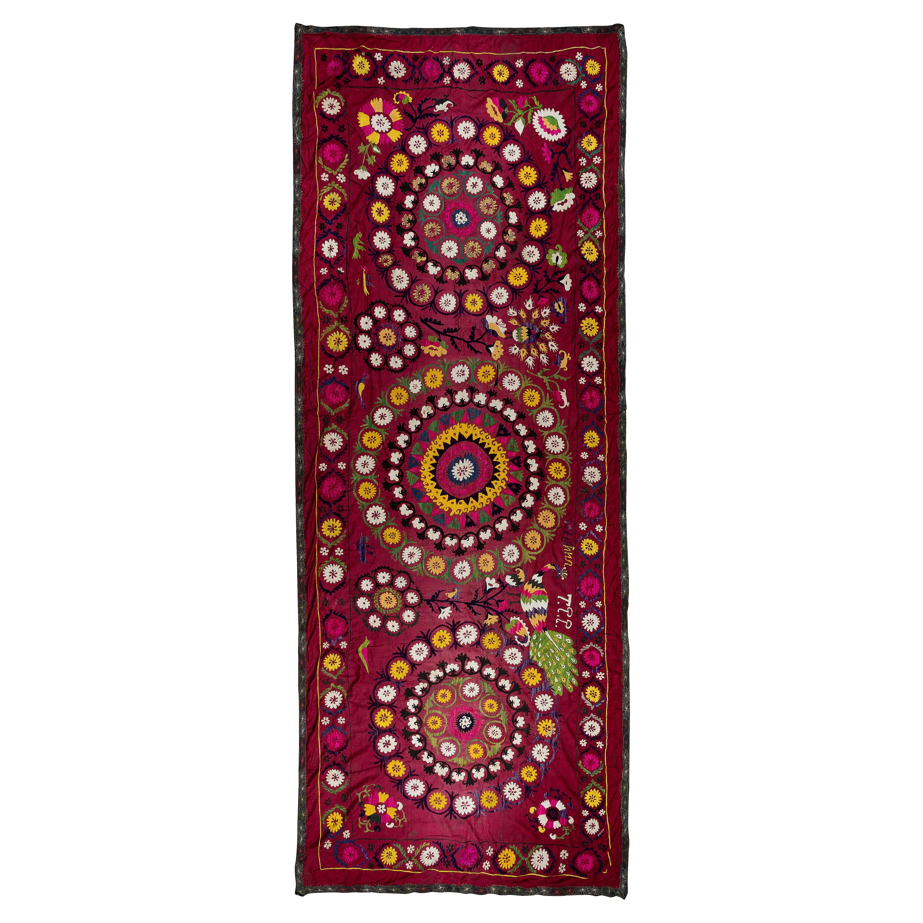 5x12 Ft Vintage Needlework Table Runner, Silk Embroidery Red Suzani Wall Hanging For Sale