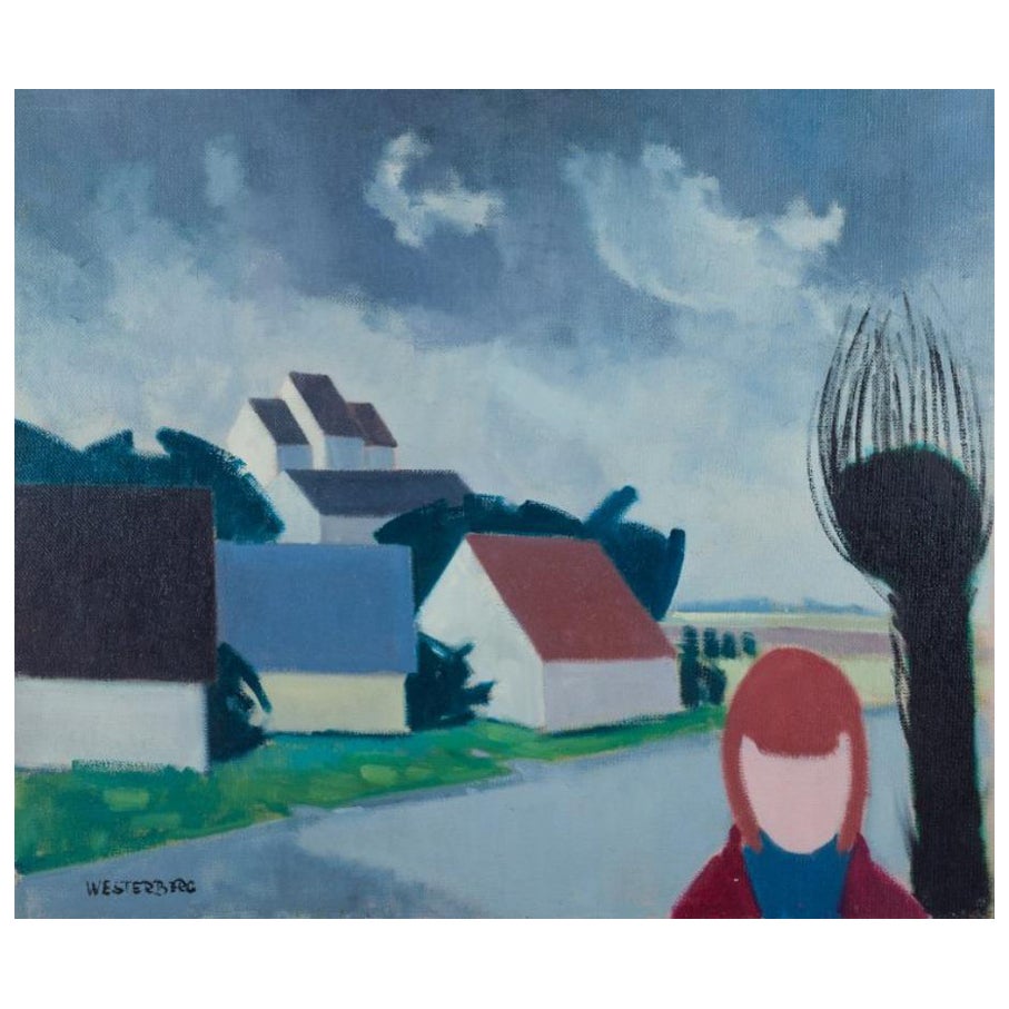 K. Westerberg alias Knud Horup. Oil on canvas. Landscape with figure. 1970s. For Sale