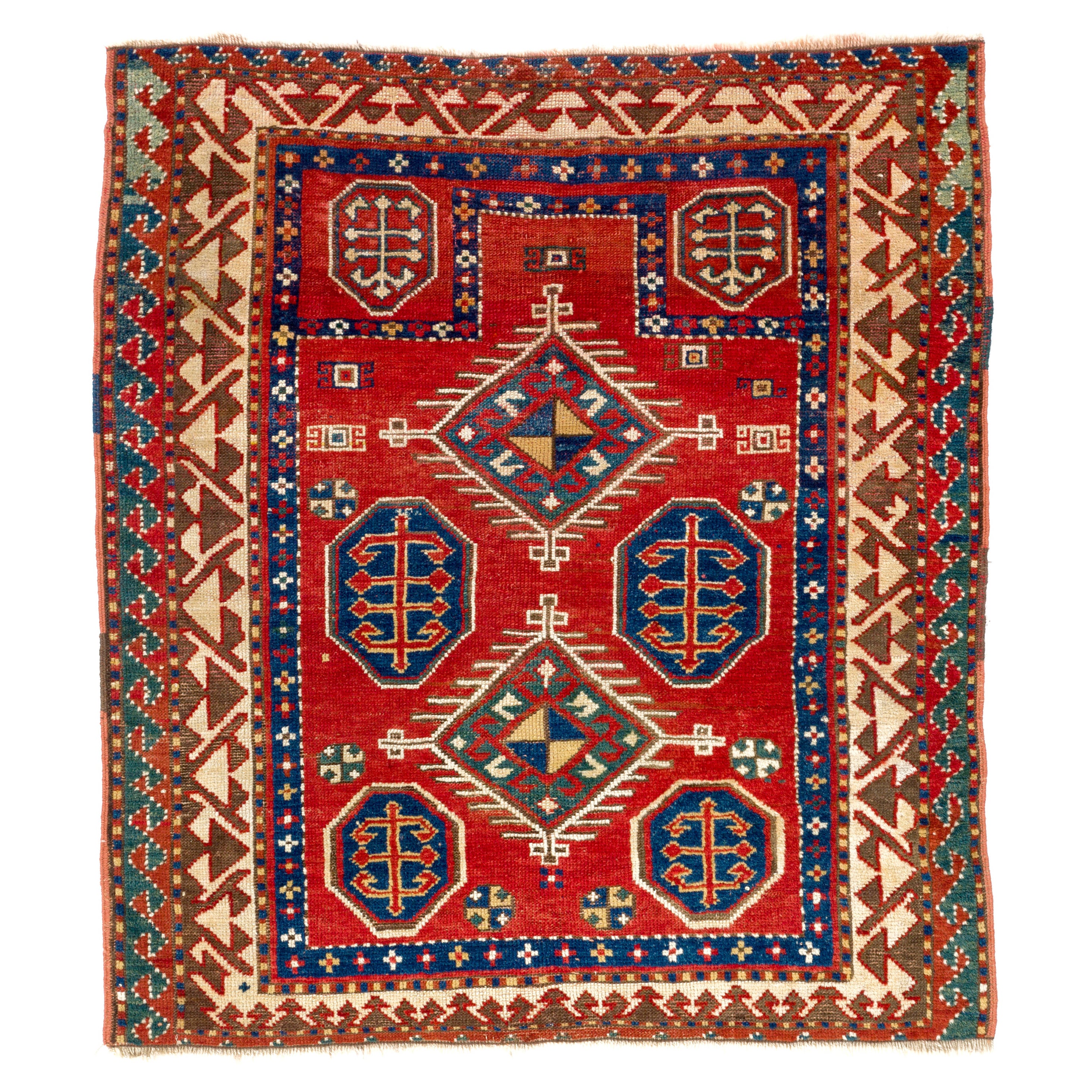 3.5x3.9 Ft Rare Antique Caucasian Borchalo Kazak Prayer Rug, Ca 1875 en vente