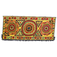 Retro 4.7x10.5 ft Handmade Suzani Wall Hanging in Yellow, Silk Embroidery Table Runner