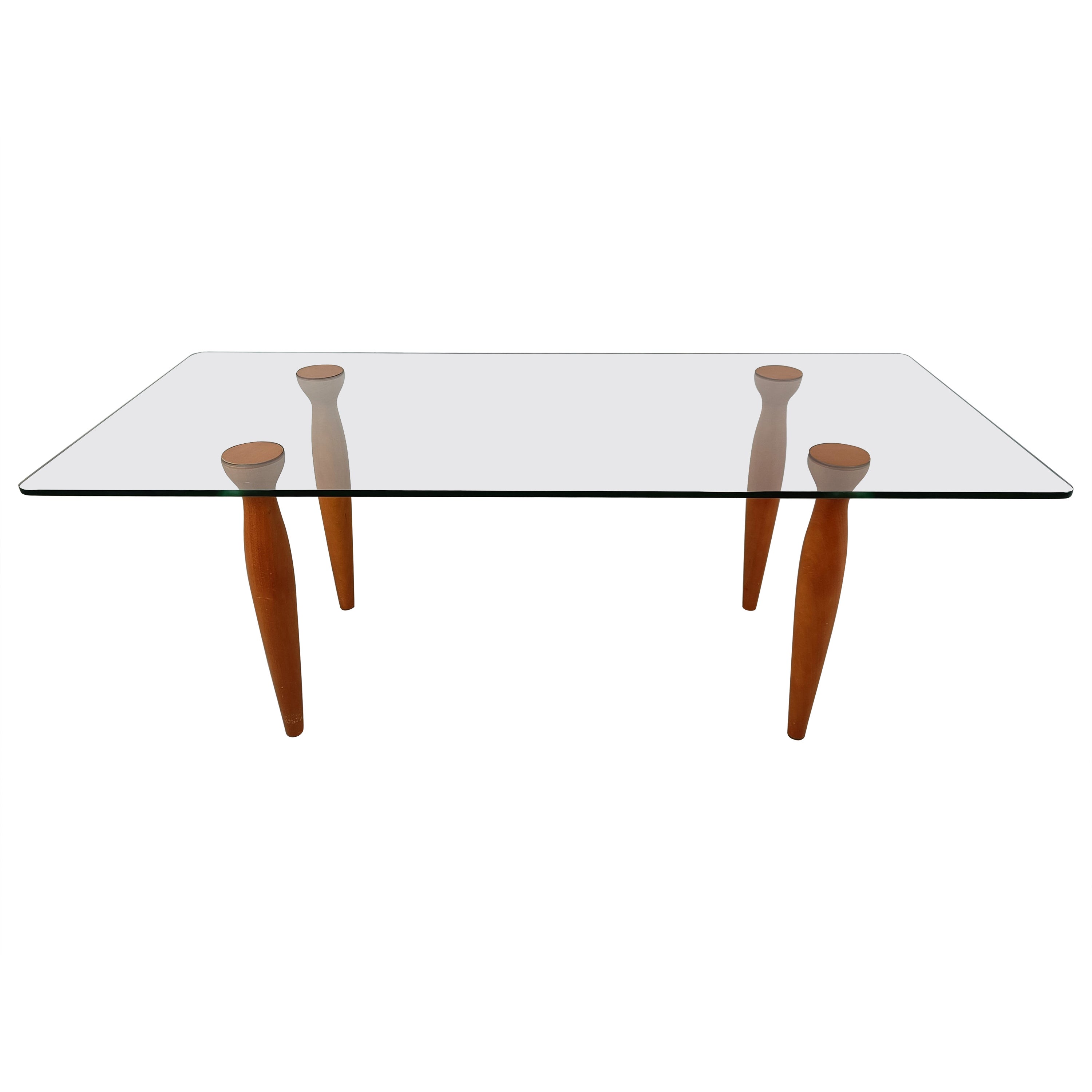Vintage italian glass and wooden dining table, 1990s For Sale