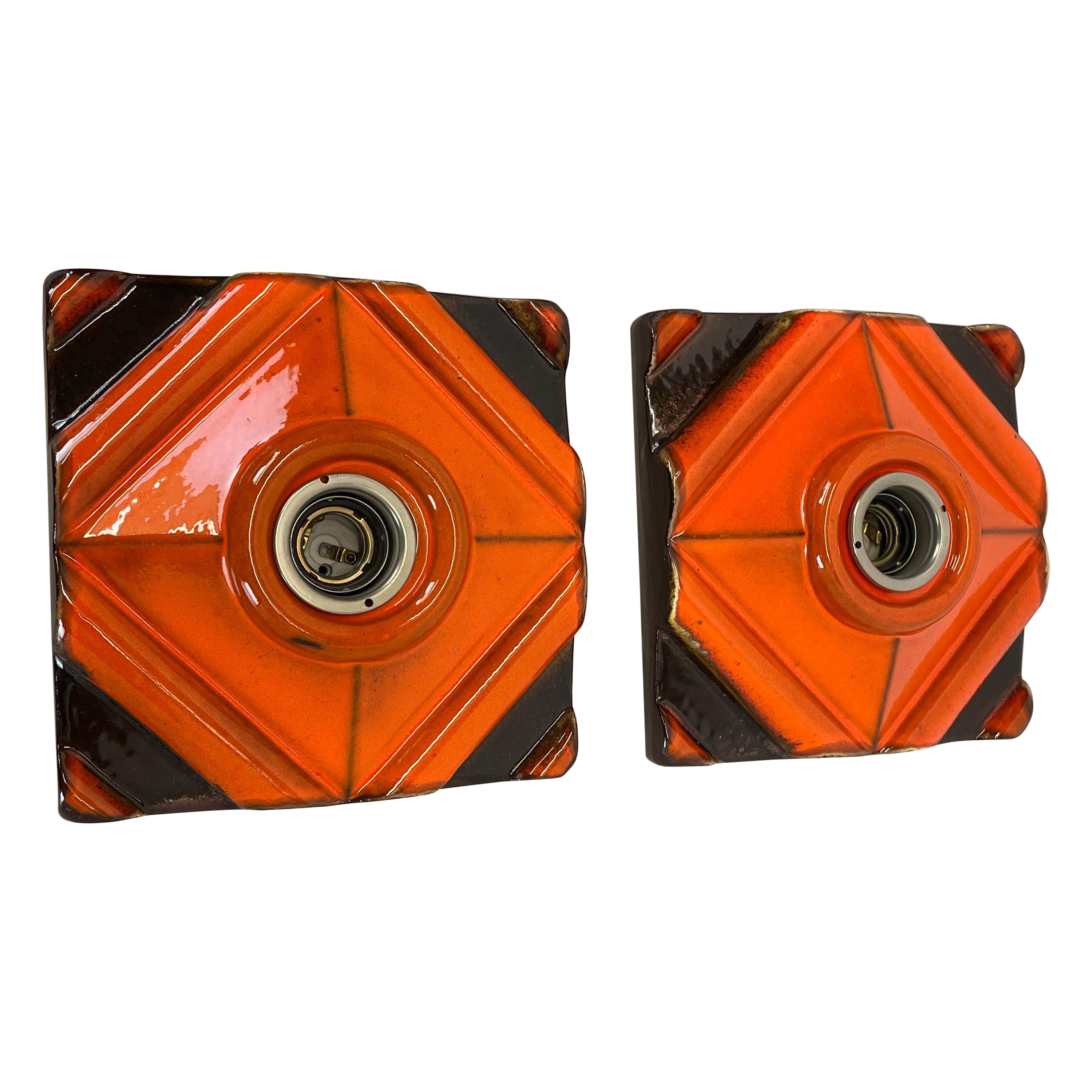 Set of Two brown-Orange Ceramic Fat Lava Wall Lights Pan Ceramics, Germany 1970 For Sale