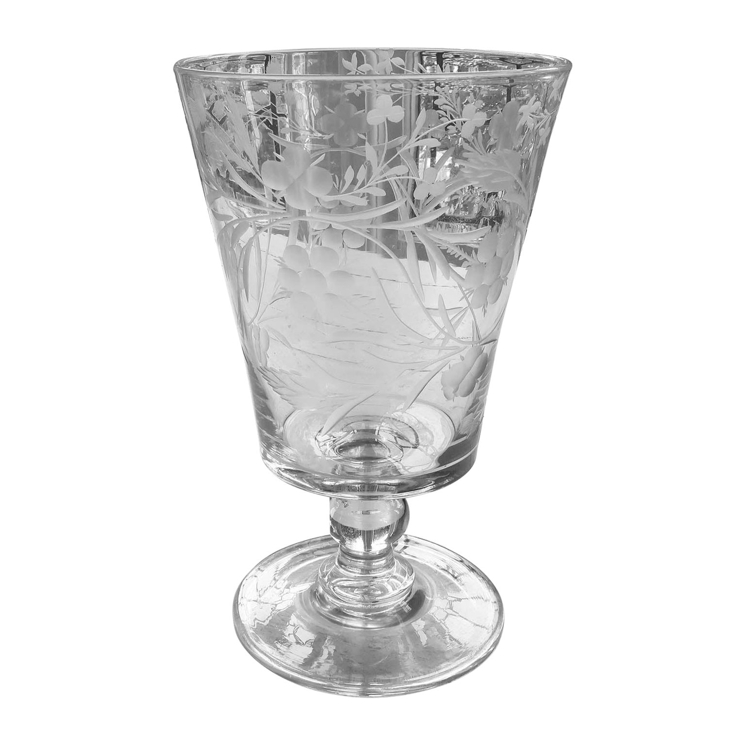  Large Antique Engraved Glass Flower Vase, English, 19th Century For Sale